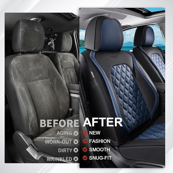Coverado Universal Car Seat Covers Full Set, Sporty Non-Slip Waterproof Faux Leather Front & Rear Seat Protectors for Trucks SUVs, Mens Automotive Interior – BlackBlue
