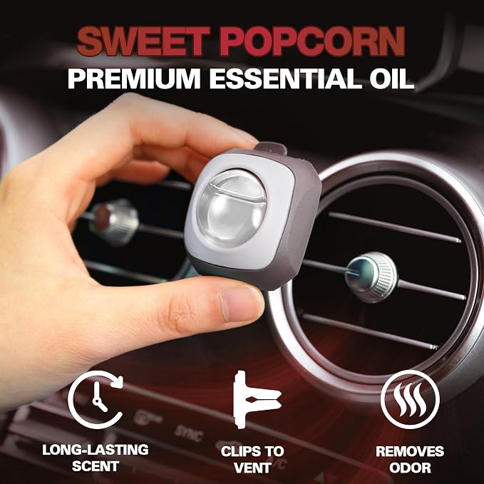 Sweet Popcorn Scent Car Air Freshener Vent Clip 6 Ct | Long Lasting Up To 180 Days Car Refresher, Auto Interior Odor Eliminator Fragrance Oil Perfume Accessory, 4ml Each