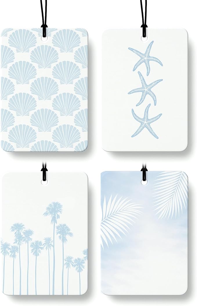 Blue Beach Car Air Freshener 4 Pcs Coconut Scented, Preppy Coastal Seashell Starfish Car Accessories Mirror Decor for Women, Beachy Hanging Air Freshener for Cars Closet Drawer Books
