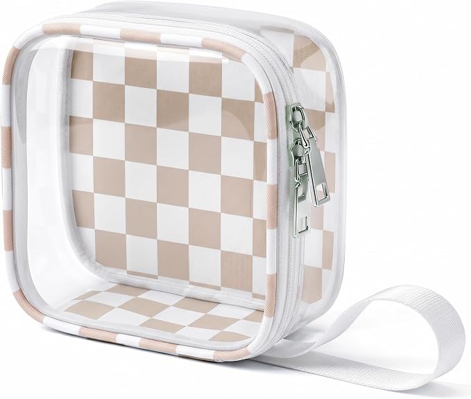 Preppy Clear Makeup Bag Travel Cosmetic Case Transparent Khaki and Beige Checkered Toiletry Bag with Zipper,Portable Mini Make Up Organizer Traveling Compact Car Bag for Essentials
