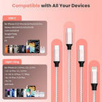 4 in 2 Multi Charging Cable,USB A/C Splitter Multi Charging Cable with 3 X Type-C,1 X IP,Upgrade 2026 Travel Holiday Essentials Phone Charger Cord for iPhone 17/16/15/14,Car Accessories for Women,Pink