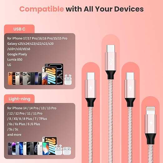 4 in 2 Multi Charging Cable,USB A/C Splitter Multi Charging Cable with 3 X Type-C,1 X IP,Upgrade 2026 Travel Holiday Essentials Phone Charger Cord for iPhone 17/16/15/14,Car Accessories for Women,Pink