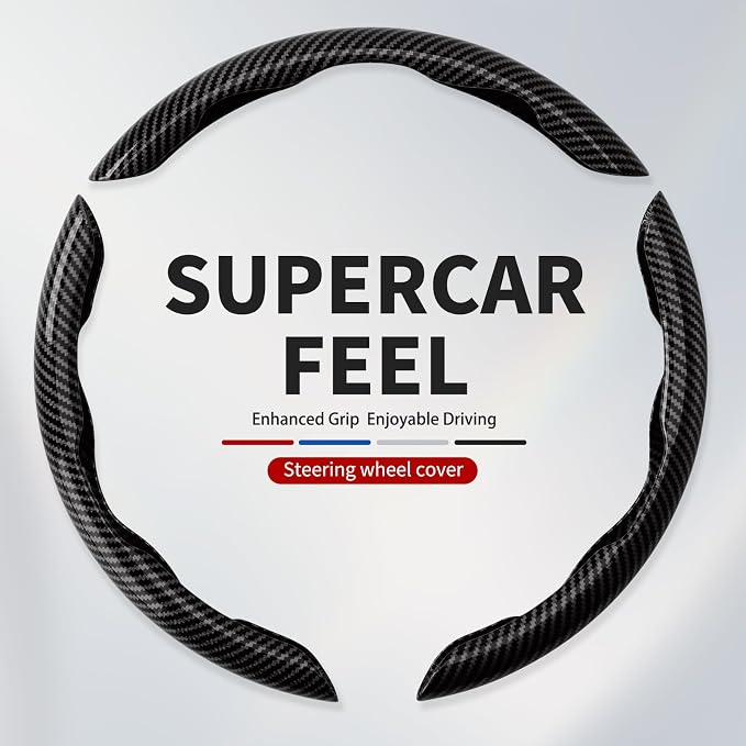 Universal Steering Wheel Cover,Carbon Fiber,3pcs Set(Black) | Clip-On Segmented Fit;Carbon Fiber Look;Fits Most 14-16 in Round or D-Shaped Wheels;Easy Wipe Clean;Non Slip;4 Colors