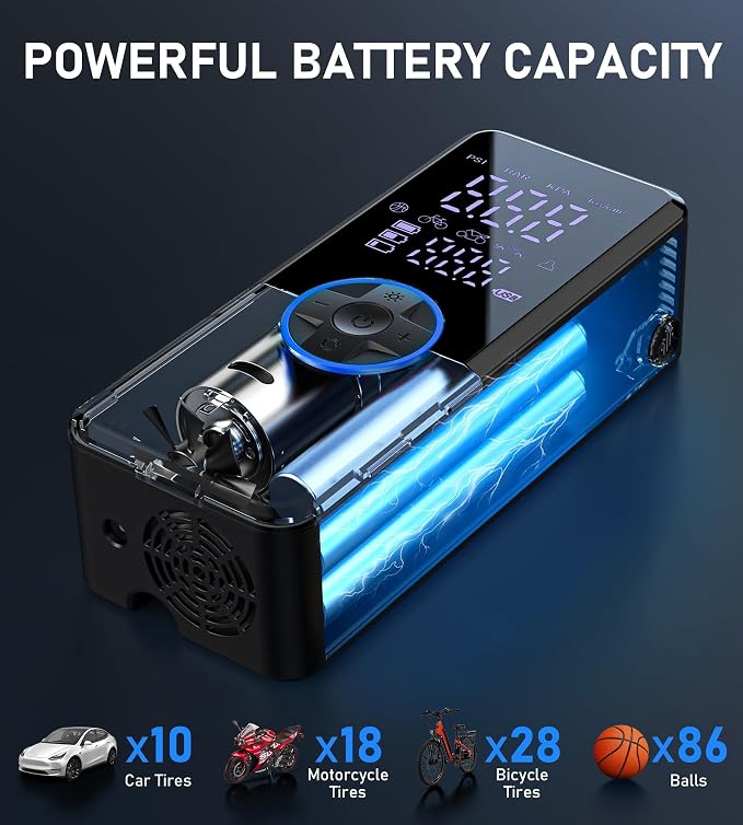 Tire Inflator Portable Air Compressor,4X Faster Inflation Cordless Tire Air Pump with Digital Gauge,Auto Shut-Off,LED Light,Electric Air Pump for Car Tires,SUV, Motorcycle, Bike, Balls(BLUE)