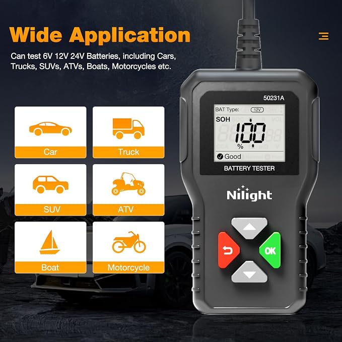 Car Battery Tester 6V 12V 24V Accurate Digital Auto Analyzer 100-2000 CCA Voltage SOH SOC Internal Resistance Test for Cars Trucks SUV ATV Boats Motorcycles Vehicle