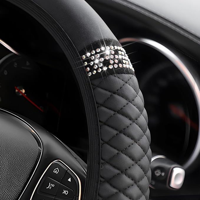 Bling Car Steering Wheel Cover, 15 Inch Rhinestones Soft Leather Elastic Steering Wheel Protector, Sparkly Crystal Diamond for Women Girls, Car Interior Accessories for Most Cars (Black)