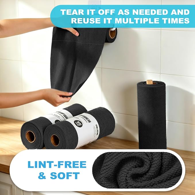 55 Pack Microfiber Cleaning Cloth Roll, Tear Away Reusable Paper Towels, 11" X 9", Ultra Absorbent & Lint Free Microfiber Cloth for Cleaning Cars, Kitchen, Window, Home and Shop, Black