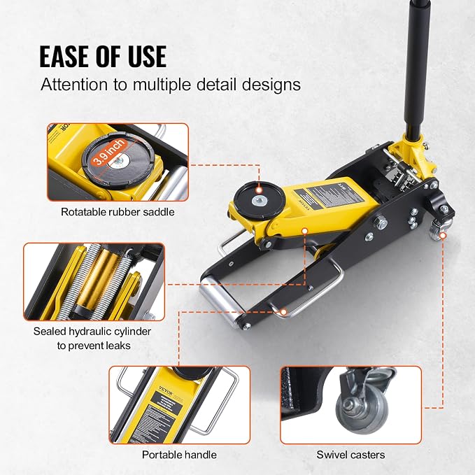 Low Profile Floor Jack 2 Ton (4400 lbs), Heavy Duty Aluminum Hydraulic Racing Floor Jack, Hydraulic Car Jack, Dual Piston Quick Lift Pump, 3.2"-14.6" Height Lifting Range (Yellow)