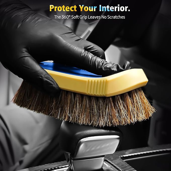 Horse Hair Leather Cleaning Brush - Upgraded Long Bristle Car Leather Brush with 360° Soft Grip, for Car Interior Seats, Sofa, Upholstery & Furniture Care