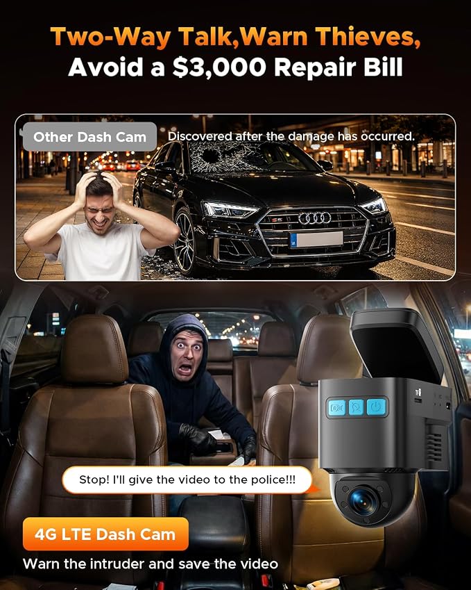 4G LTE Cellular Dash Cam with Live Streaming & GPS Tracking - Dual Car Security Camera with Remote Live View,Cloud Storage,AI Motion Detection,Sentry Mode, Anti-Theft Protection for Vandalism