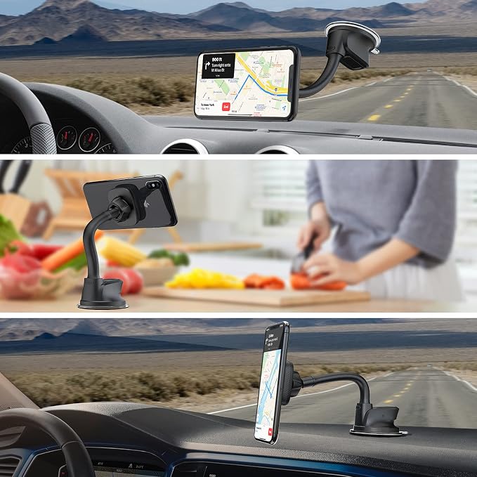 Magnetic Phone Holder for Car, Dashboard Windshield Phone Holder Mount with Flexible Arm & Built-in Strong Magnets, Suction Cup Phone Holder for Car Compatible with All Smartphones