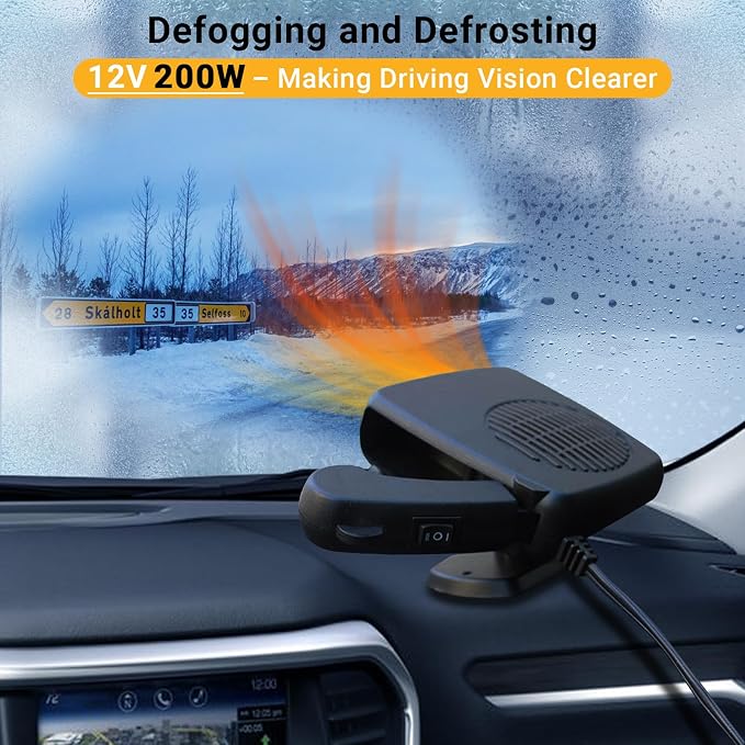 Car Heater, Car Heater That Plugs into Cigarette Lighter, 12V 200W Portable Car Heaters and Car Defroster Windshield Defogger, Heater for Car with 360 Degree Rotary Base