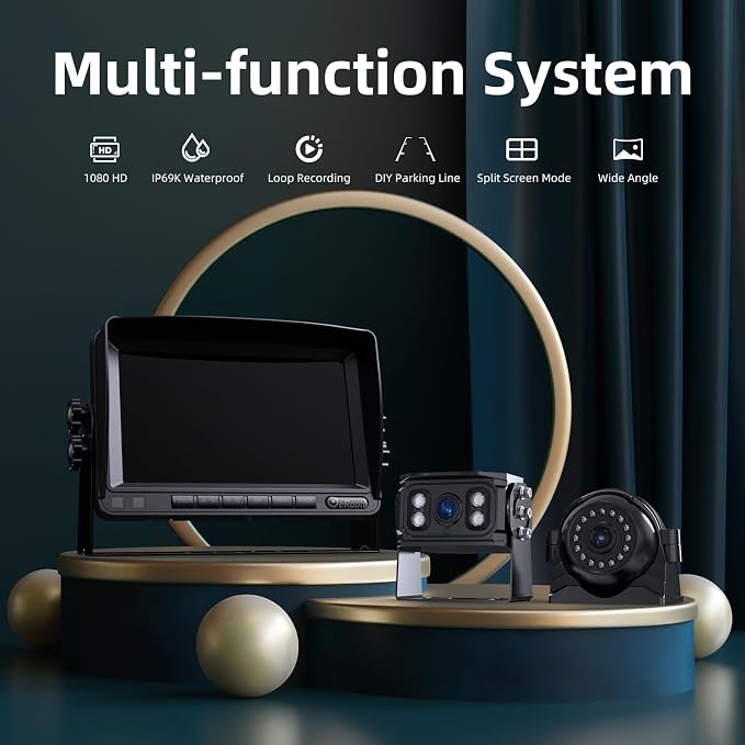 HD 1080p Backup Camera System Kit, 7-inch Reversing Monitor with Quad Split Recording IP69 Waterproof, Rear View Side View Cameras, Backup Camera for RV Truck/Trailer/Tractor/Box/Camper Y0202
