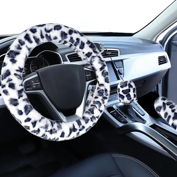Fuzzy Car Steering Wheel Cover, Universal Fit Fur Auto Wheel Cover & Handbrake Cover & Gear Shift Cover Set, Leopard Winter Warm Fluffy Vehicle Wheel Protector Car Accessories for Men Women