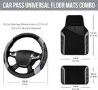 Leather Steering Wheel Cover and Waterproof Car Floor Mats,Microfiber Universal Car Combo Fit for 95% Sedan,SUV,Cars,14.5-15inch Sporty Anti-Slip Safety Comfortable Design(Black＆Gray)