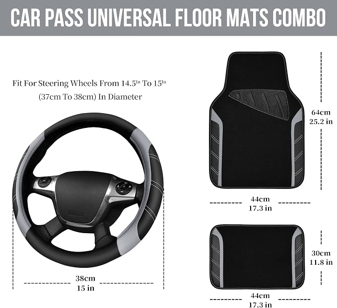 Leather Steering Wheel Cover and Waterproof Car Floor Mats,Microfiber Universal Car Combo Fit for 95% Sedan,SUV,Cars,14.5-15inch Sporty Anti-Slip Safety Comfortable Design(Black＆Gray)