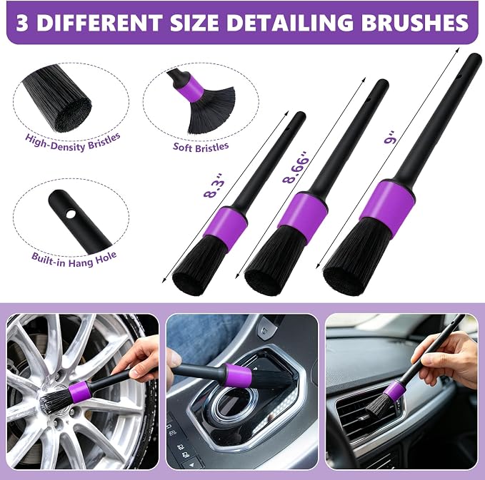 Windshield Cleaning Tool, 13PCS Car Detailing Kit Interior Cleaner, Car Window Cleaner with Extendable Handle, Car Interior Cleaning Kit with Detailing Brushes for Women Men (Purple)