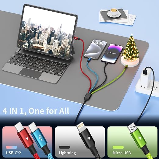 Cruise Essentials 2026 4 in 1 Multi Charging Cable [3Pack 5FT], Tangle Free USB C Car Charger Cable, Nylon Braided Charging Cords for Multiple Devices, Travel Essentials Car Accessories