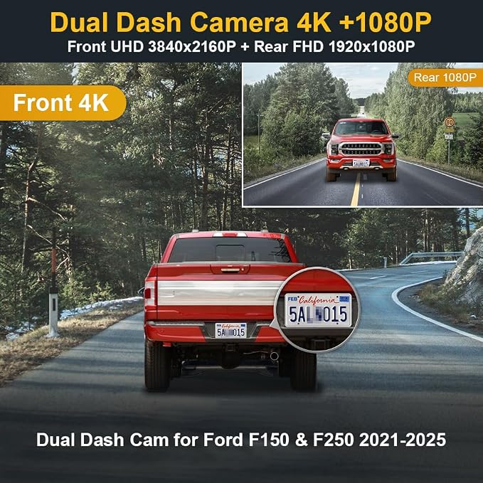 Front 4K+Rear 1080P Dash Cam Adapts for Ford F150 F250 2021-2025 Limited XLT XL Raptor Lariat Platinum King Ranch Tremor, OEM Look, Dual HD Video, WiFi&APP, Loop Recording, G-Sensor,128GB Card