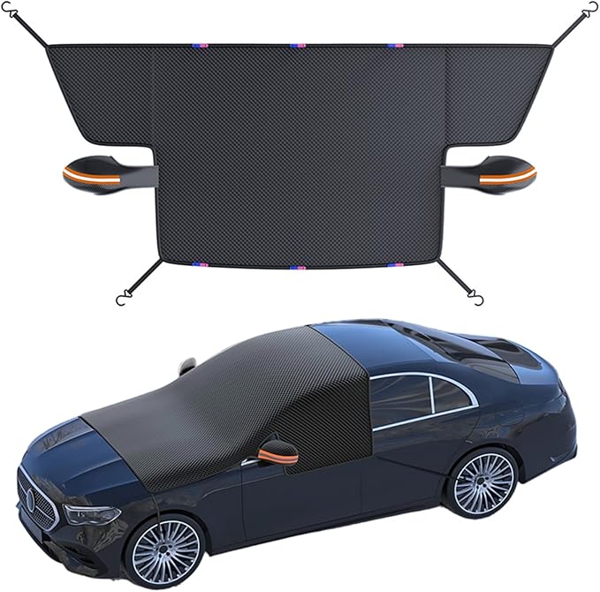 All Weather Windshield Cover with Magnetic Edges, 4-Layer Thick Waterproof Sunshade Snow Cover for Most Vehicles