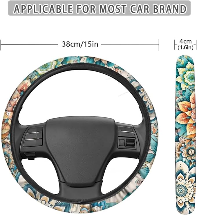Boho Mandala Flower Pattern Sports Style Car Steering Wheel Cover Vehicle Wheel Protector Auto Wheel Cover Steering Wheels Accessories Universal Fit Car Truck Van SUV