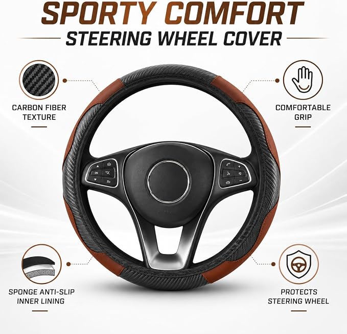 Car Steering Wheel Cover 15 inch, Microfiber PU Leather Elastic Steering Wheel Protector, Anti-Slip Breathable Car Interior Accessories for Most Cars (Coffee)