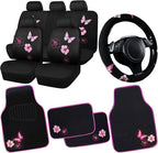 Universal Cloth Butterfly Car Seat Covers Full Set, Embroidered Flower Waterproof Car Floor Mats Carpet, Butterflies Steering Wheel Cover for Car Accessories Interior Sets (Black and Pink)