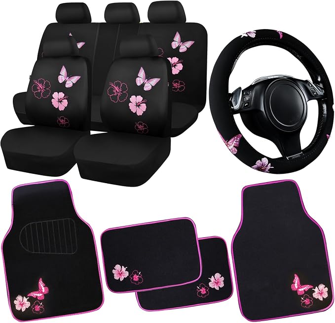 Universal Cloth Butterfly Car Seat Covers Full Set, Embroidered Flower Waterproof Car Floor Mats Carpet, Butterflies Steering Wheel Cover for Car Accessories Interior Sets (Black and Pink)