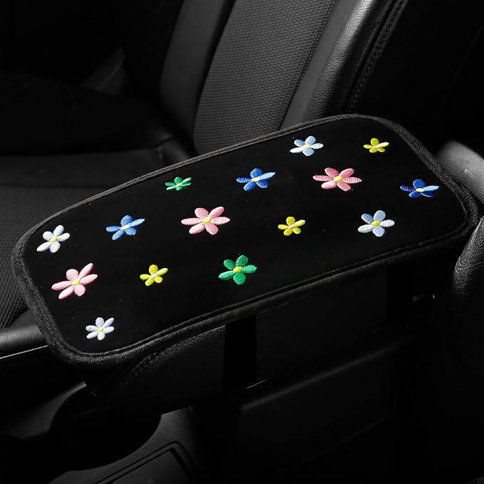 Embroidery Cute Steering Wheel Cover Floral Decor+Center Console Cover+Belt Cover,Anti-Slip,Sweat Absorption,3pcs