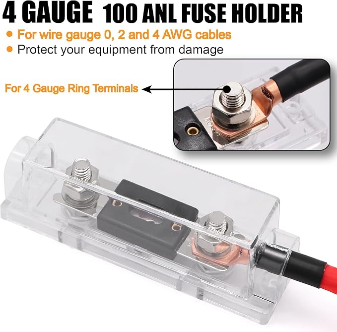 4 Gauge Wire (25 Feet Black+25 Feet Red) Copper Clad Aluminum Automotive Power Ground Cable Wire,20PCS Lugs Terminal Connectors,Heat Shrink Tubing,100A ANL Fuse with Cable Cutter
