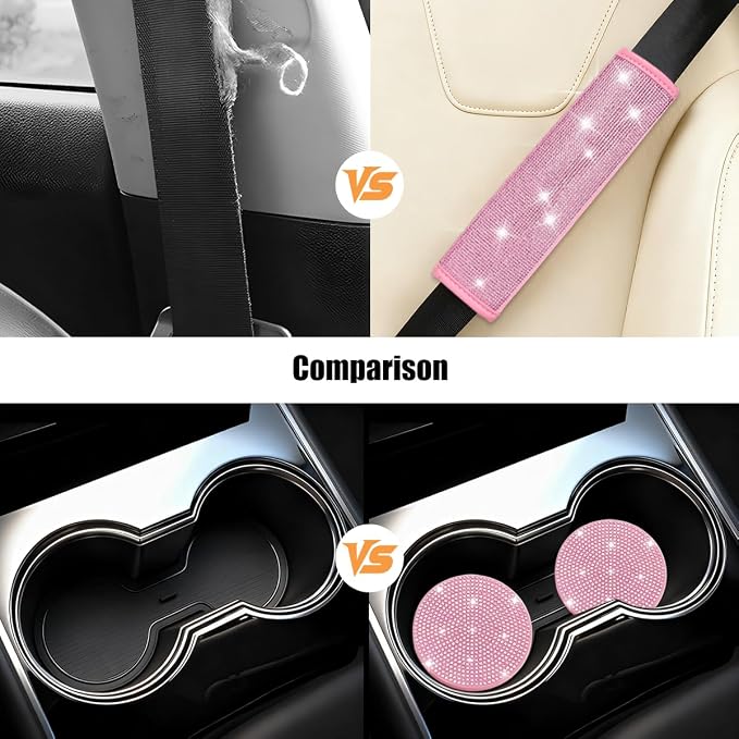 11PCS/Set Bling Car Accessories Set for Women, Rhinestone Vehicle Steering Wheel Cover Seat Belt Cushion Gear Shift Protector Cup Holder Coaster, Universal Automotive Accessories (All Pink)