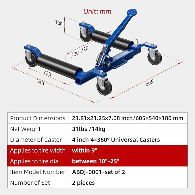 Car Dolly Jack Set of 2, Mechanical 1500-lbs Wheel Dolly, 9'' car Wheel Dolly Positioning Jack, Car Dollies for Vehicle Positioning & Auto Repair Moving, Blue