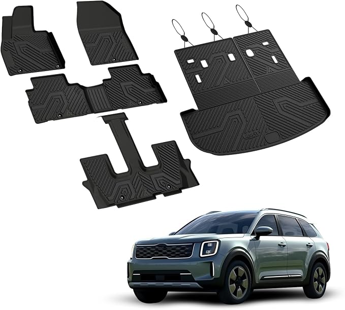 Floor Mats & Backrest Mats & Cargo Mat for Kia Telluride 2025 2024 2023 2022 2021 2020, All Weather TPE Custom Fit Floor Liners with Full Set Car Mats & Trunk Mats Accessories, Black