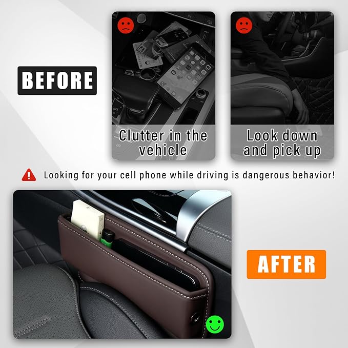 Car Seat Gap Organizer, Premium Leather Auto Seat Storage Box, Vehicle Adjustable Front Seat Gap Filler, Car Seat Side Pocket Organizer for Phones, Glasses, Keys, Money, Cards (Coffee)