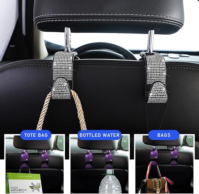 2 PCS Bling Car Seat Headrest Hooks, Crystal Rhinestone Back Seat Hanging Storage Organizer, Vehicle Seat Hanger Holder for Purse Handbag Coat, Interior Car Accessories (Purple)