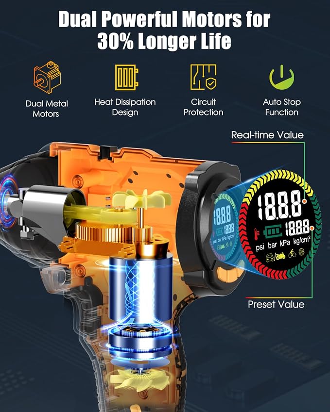 Cordless Tire Inflator, 180PSI Portable Air Compressor with 21V Rechargeable Battery & 12V DC Car Adapter, Fast Inflation Digital Pump for Cars, Motorcycles, Bikes & Sports Balls - Black Yellow