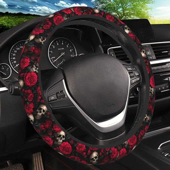 Red Rose Skull Steering Wheel Cover, Non-Slip Breathable Neoprene Steering Wheel Covers, Car Accessories Universal 15 Inch Fit Auto, Suvs, Truck