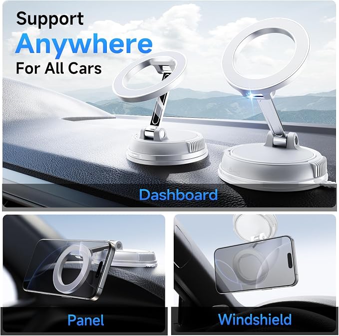 Car Phone Holder for Magsafe [78+LBS Strongest Suction & 2400gf Magnetic] 360° Adjustable Car Phone Mount, Phone Holders for Your Car for iPhone 17 Pro Max 16 15 14 13 12 Air Plus, White