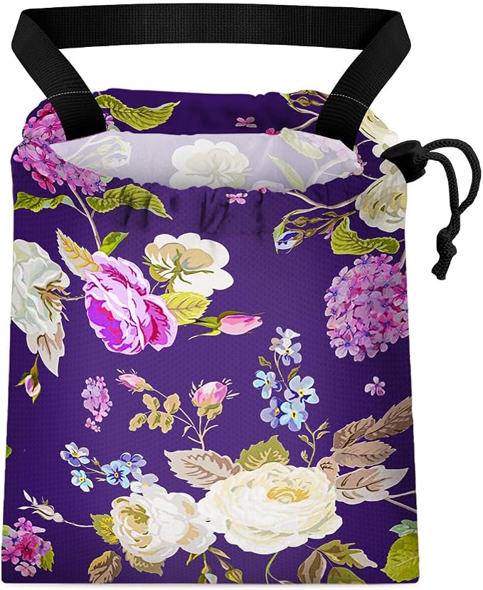 Car Trash Bag Hanging Back of Seat Waterproof Small Cute Printed One-Handed Strap Drawstring Garbage Bags for Car-Purple Floral