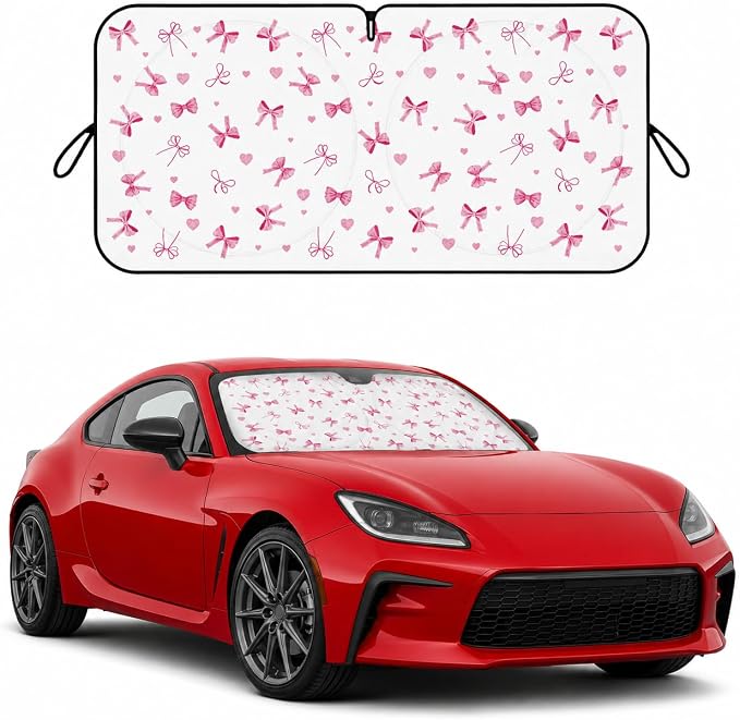 Car Windshield Sun Shade, Universal Fit Compact Sedan SUV, Cute Heart Bow | 59 x 27.5" Car Sun Visor, Foldable Front Window Sunshade, UV Heat Protection, Girly Bow Series
