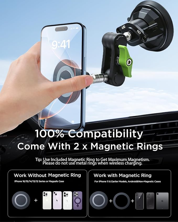 Magnetic Car Phone Holder, Ultra Stable Windshield Phone Mount, Strong Suction Cup & Powerful Magnetic, 360° Rotatable, Durable Premium Aluminum Alloy, for All Vehicles & All Smartphones