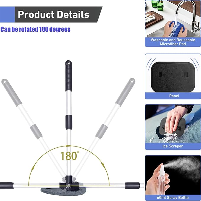 Windshield Cleaning Tool, Car Window Cleaner Windshield Cleaner with 4 Reusable and Washable Microfiber Pads and Extendable Handle Auto Inside Glass Wiper