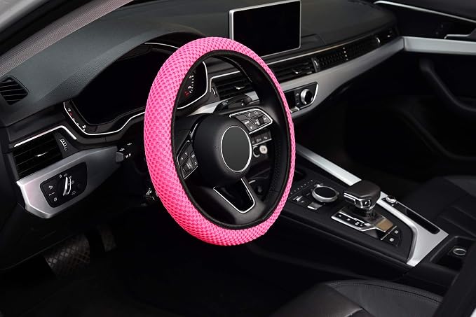 Elastic Stretch Steering Wheel Cover 15 Inch, Breathable Ice Silk Microfiber, Non-Slip Grip, Warm in Winter and Cool in Summer, Odorless, Car Accessories Fit Cars, SUVs, Rose Red
