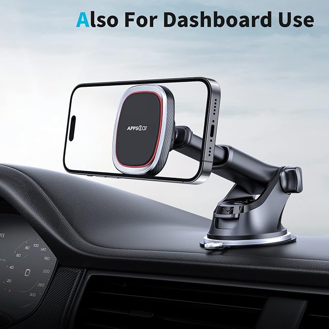 Magnetic Phone Mount, Dashboard Windshield Suction Cup Car Phone Holder Phone Mount with 6 Strong Magnets, Adjustable Telescopic Arm, Compatible with iPhone/Air/Pro/Max/All Smart Phones
