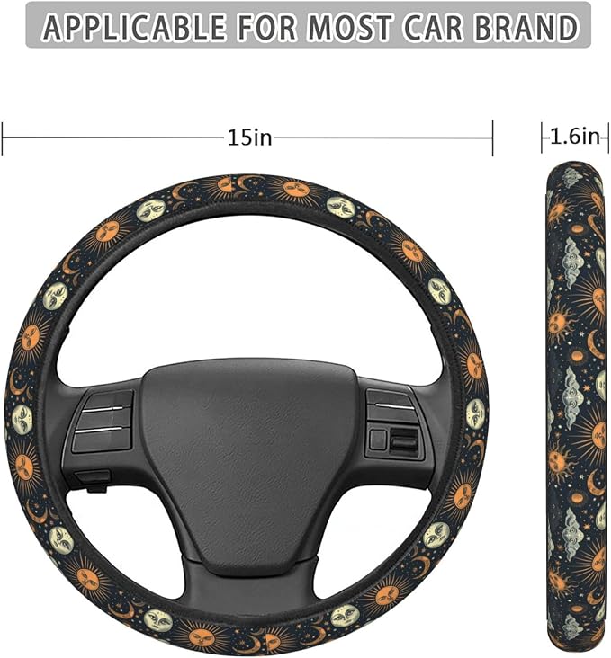 Sun and Moon Steering Wheel Covers Anti-Slip Elasticity Car Accessories Steering Wheel Protector Universal 15 Inch for Cars SUV Vehicle Truck