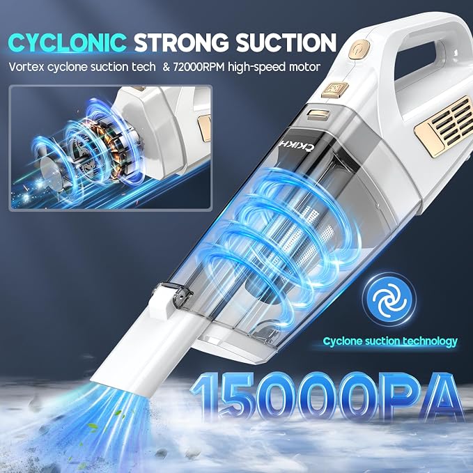 Handheld Vacuum Cordless, 15000PA Strong Suction Hand Held Car Vacuum Cleaner Portable with Multi-Nozzles & Washable Filter, Lightweight Rechargeable Vacuum Cleaner for Home, Car, Office, Pets