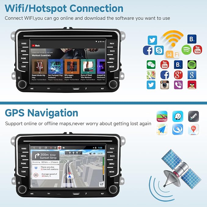 [Type-C+USB] 4G+64G Car Radio for VW Jetta Seat Passat Tiguan Golf Skoda with Wireless Carplay/Android Auto, 7 Inch IPS Touch Screen Car Stereo with Android 13 DSP Audio GPS WiFi Bluetooth