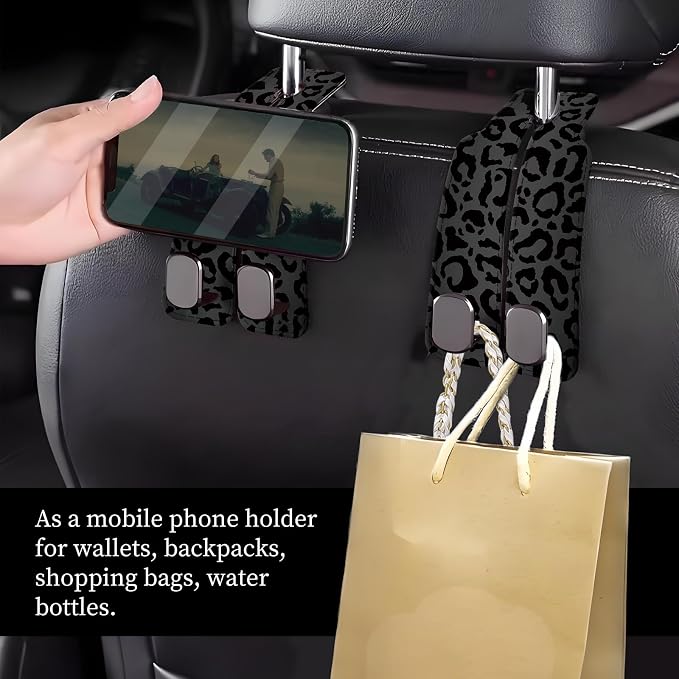 Car Seat Headrest Hook, Universal Leather Cute Hanger Holder Hook, Storage Organizer Interior Accessories for Purse Bags Handbag Luxury Black Leopard