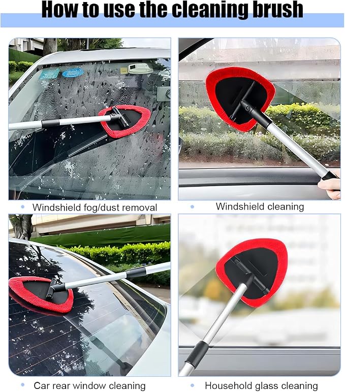 Car Windshield Cleaner Tool, Vehicle Window Detailing Cleaning Kit with Extendable Handle & 4 Washable Microfiber Pad, Auto Glass Wiper Cleaner for Exterior & Interior, Universal Fit (Red)