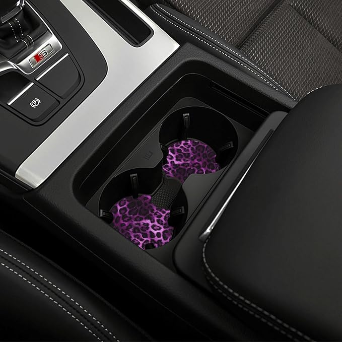 Purple Leopard Print Steering Wheel Cover Leopard Print Steering Wheel Protector Neoprene 15Inch Car Accessories 2 Pcs Car Coasters for Women Men